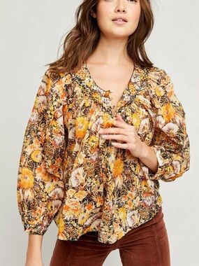 Free People Floral Button-Down Blouse in Yellow and Brown